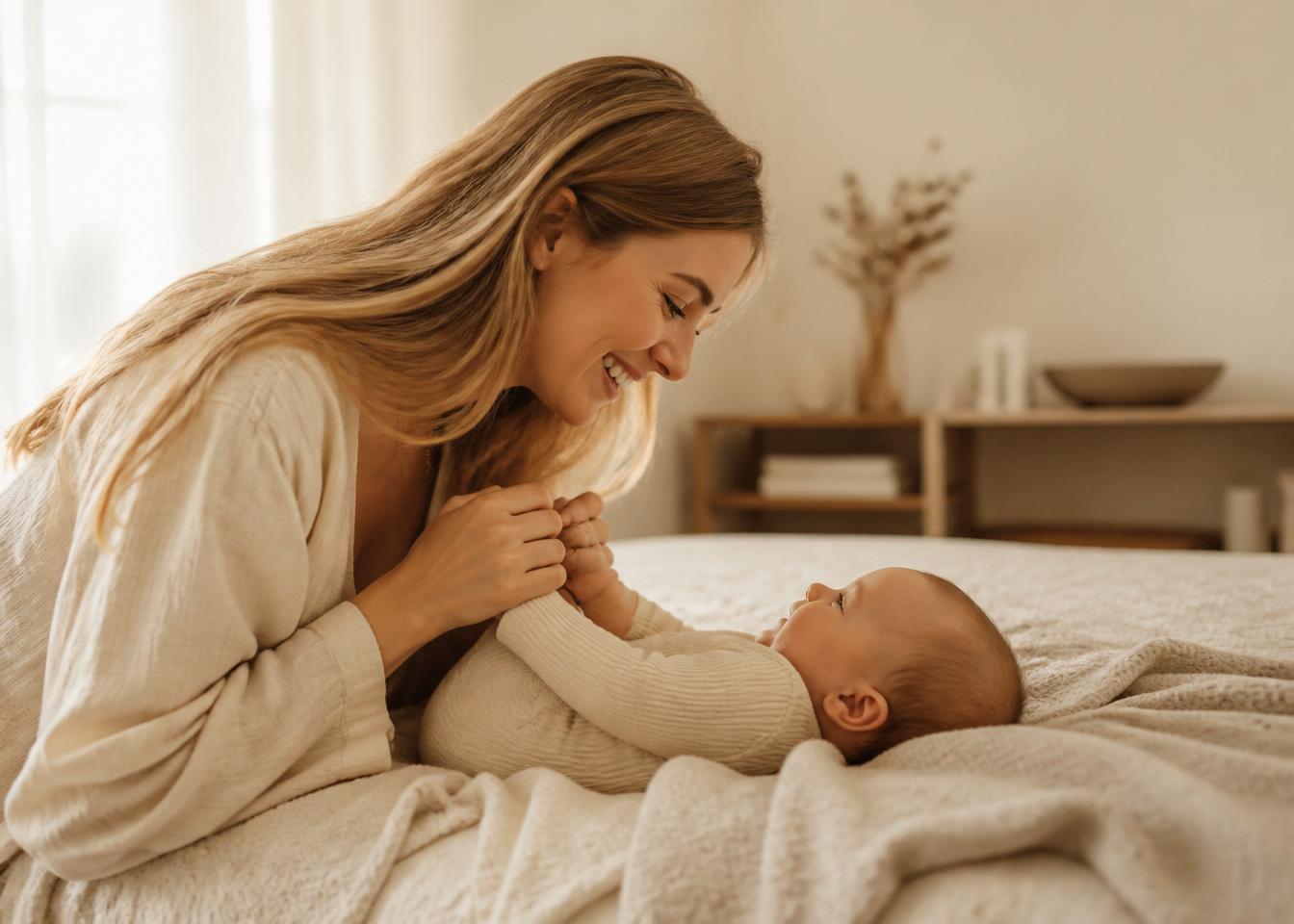 Mama speelt teder met haar baby op een bed in een warm, huiselijke omgeving