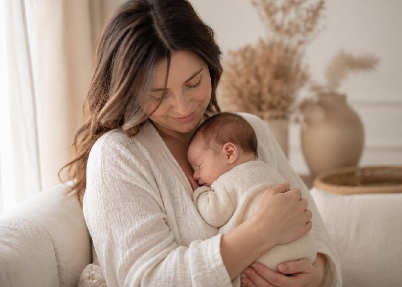 Teder moment van een mama die haar pasgeboren baby vasthoudt in een warme, huiselijke omgeving